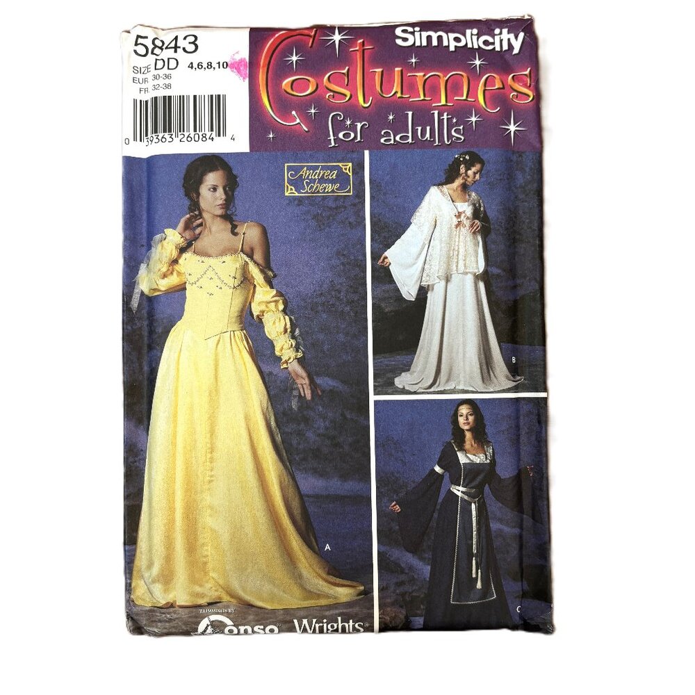 Simplicity 5843 Renaissance Fantasy Gown Costume Pattern Misses Size 4-6-8-10
